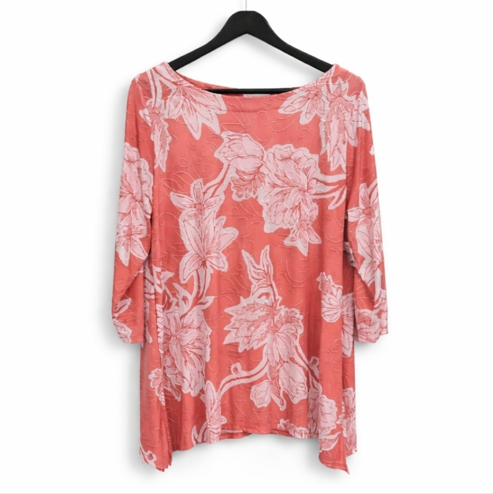 JM Collection Peach Floral Embroidered Asymmetrical Tunic Top Sz Lg